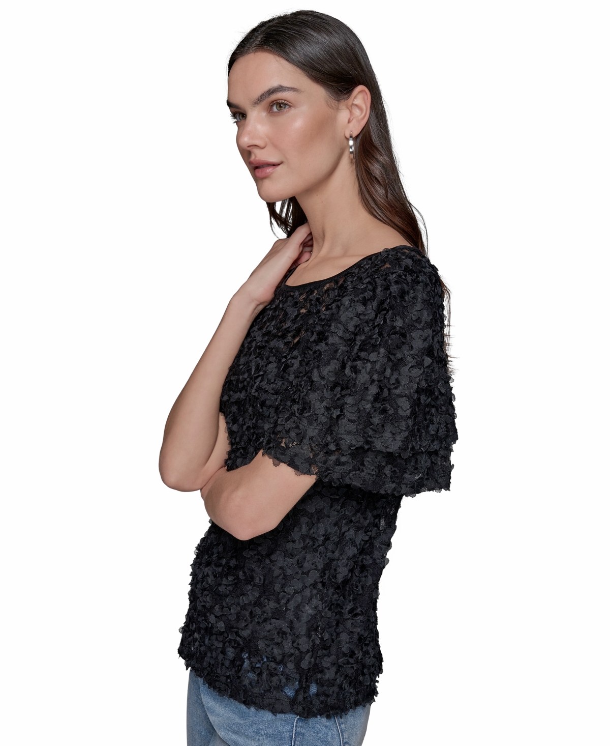 Karl Lagerfeld Women's Ruffled-sleeve Lace Top In Black