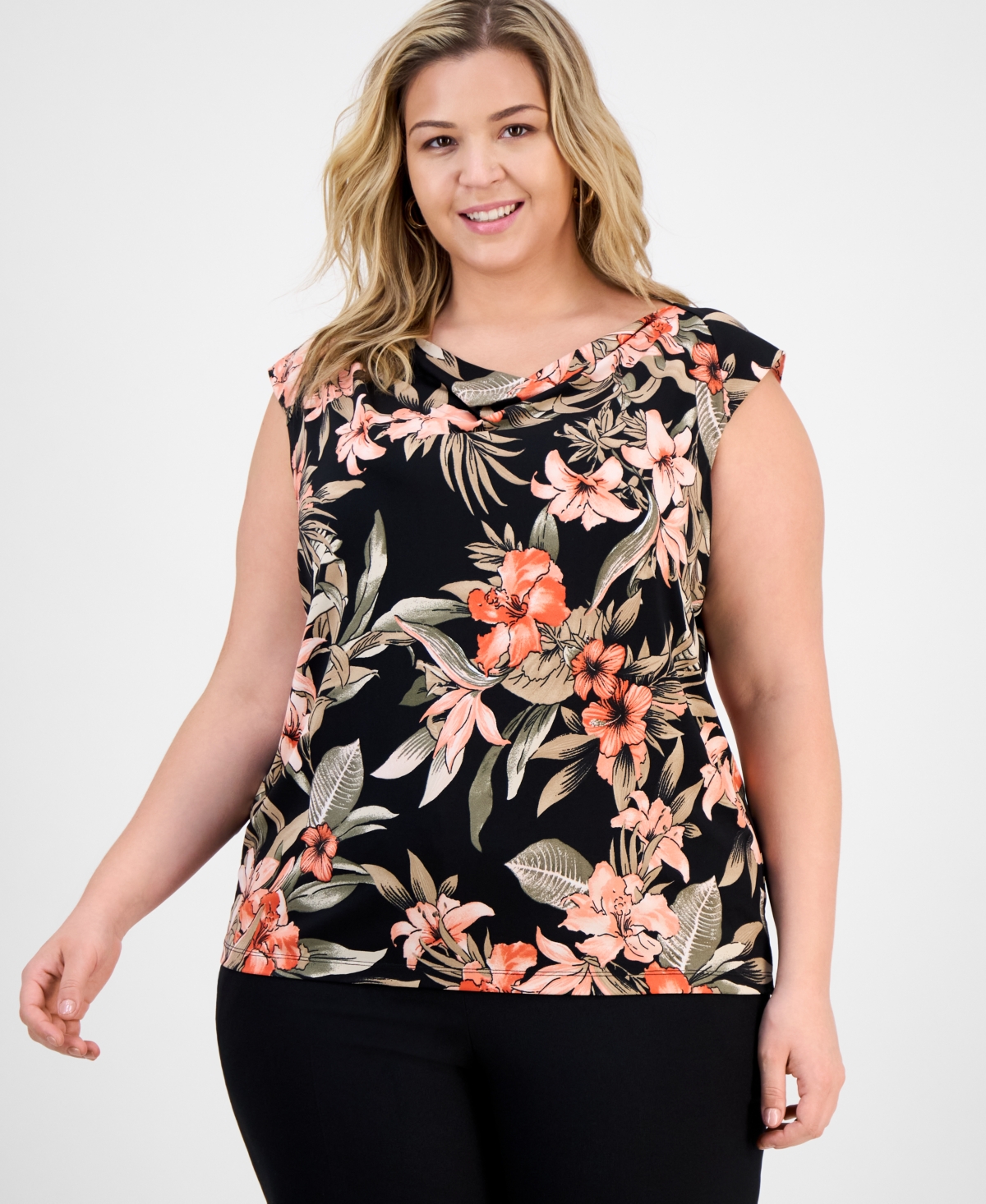 Plus Size Printed Cowlneck Cap-Sleeve Knit Top - Black Multi