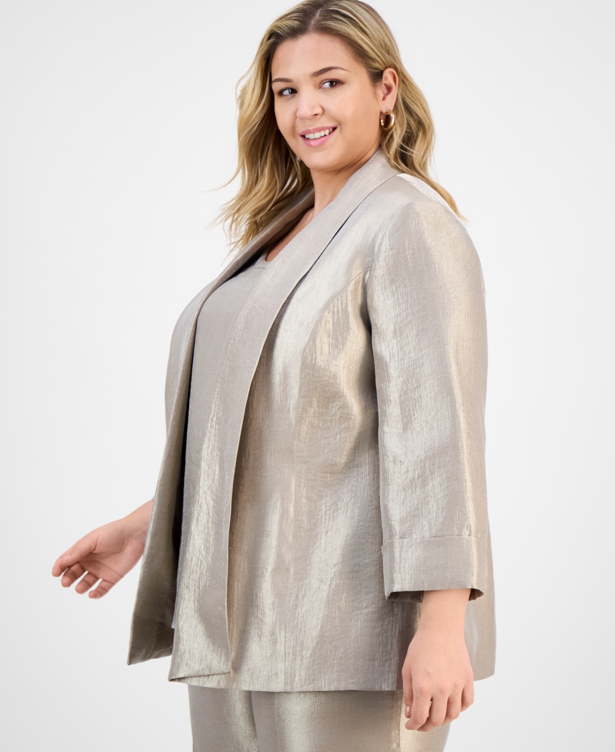 Kasper Plus Size Drape-neck Open-front Cuffed-sleeve Blazer