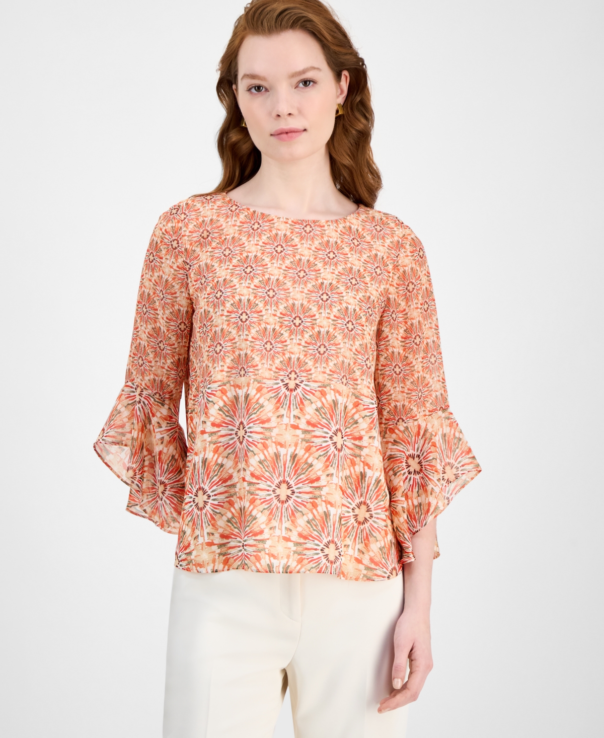 Kasper Women's Printed Boat-neck Ruffle-sleeve Blouse, Regular & Petite Sizes