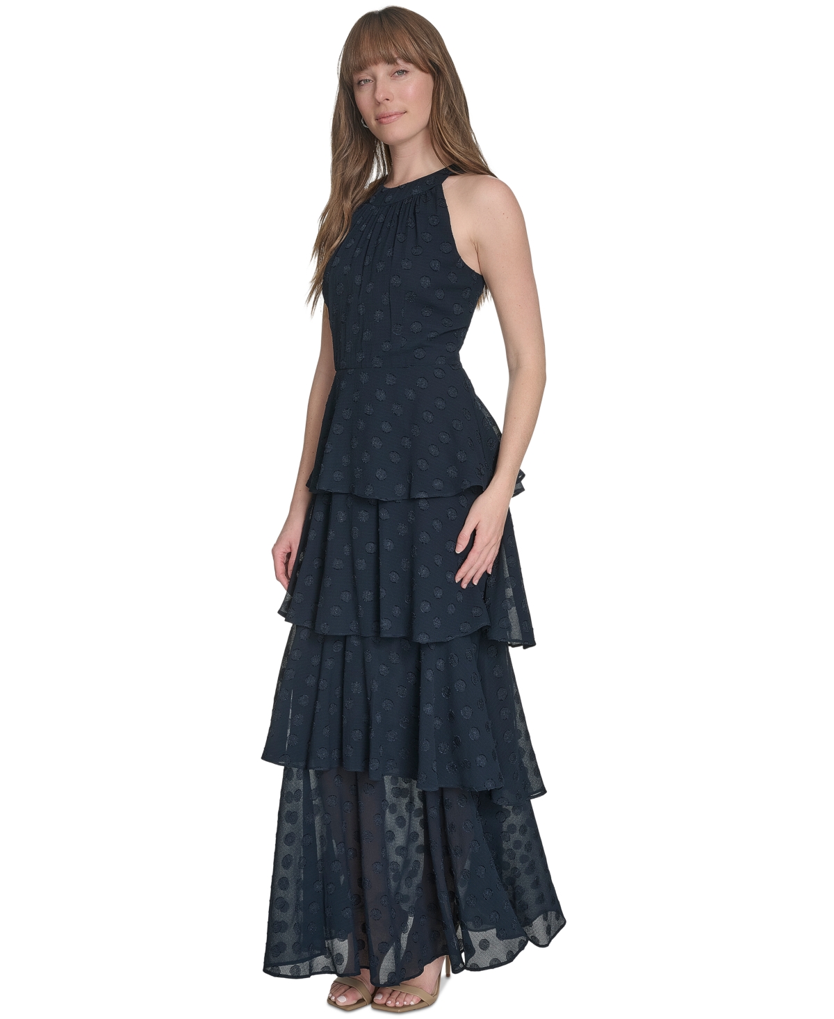 Tommy Hilfiger Women's Jacquard Halter-neck Sleeveless Tiered Dress In Sky Captain