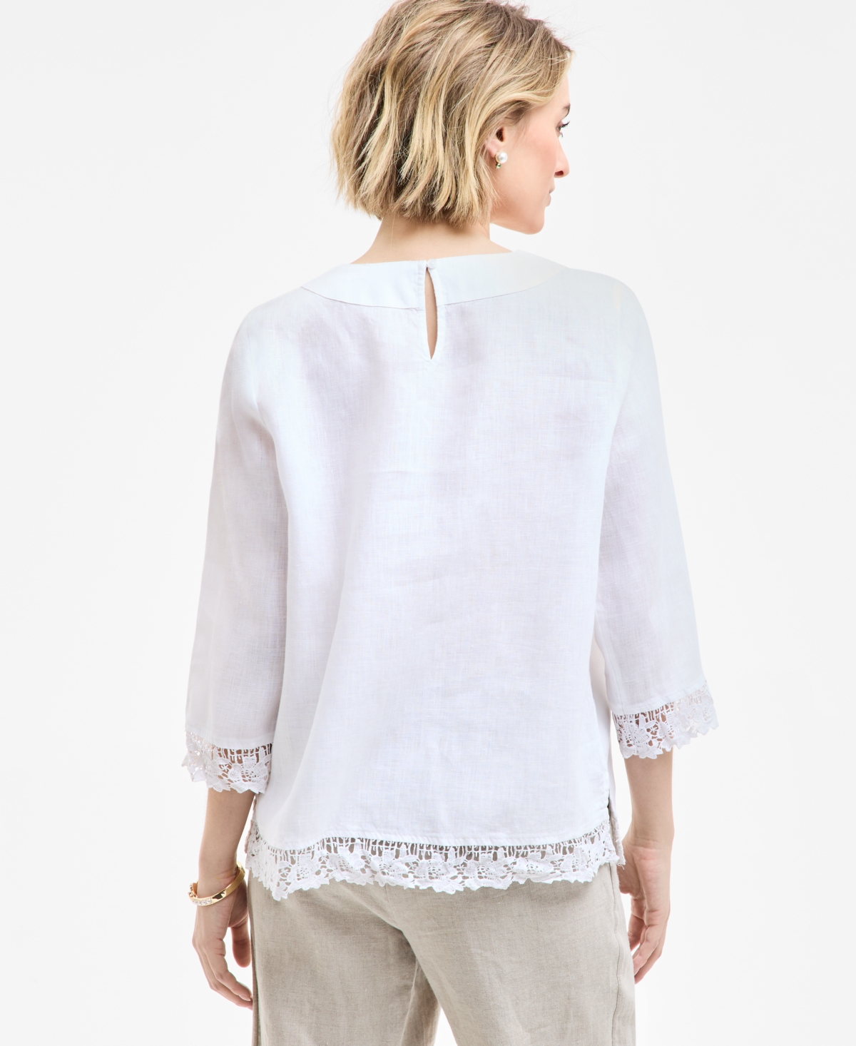 CHARTER CLUB WOMEN'S 100% LINEN LACE-EDGE 3/4-SLEEVE TOP, EXCLUSIVELY AT MACY'S 