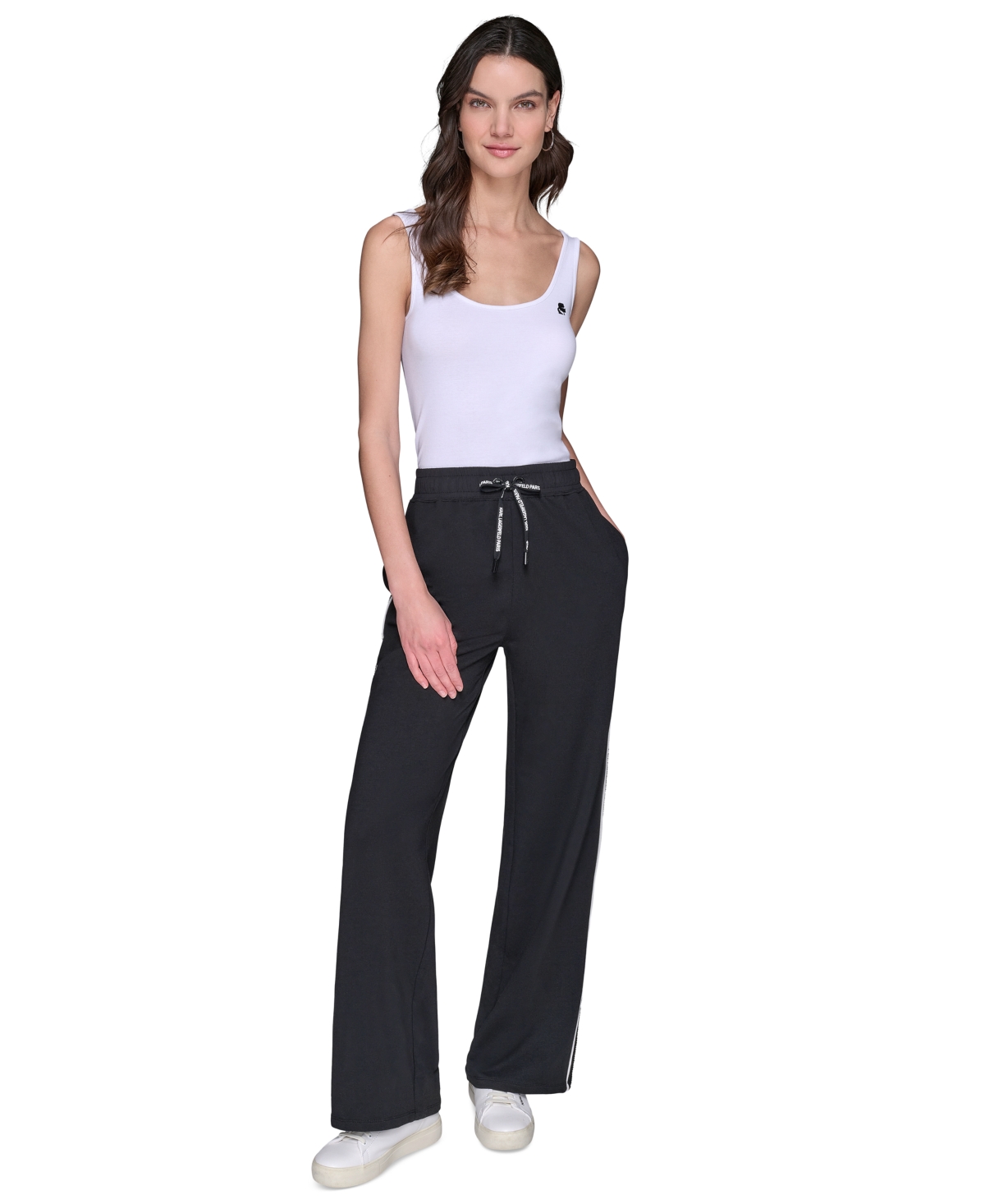 Shop Karl Lagerfeld Women's Mesh-trim Wide-leg Pants In Black