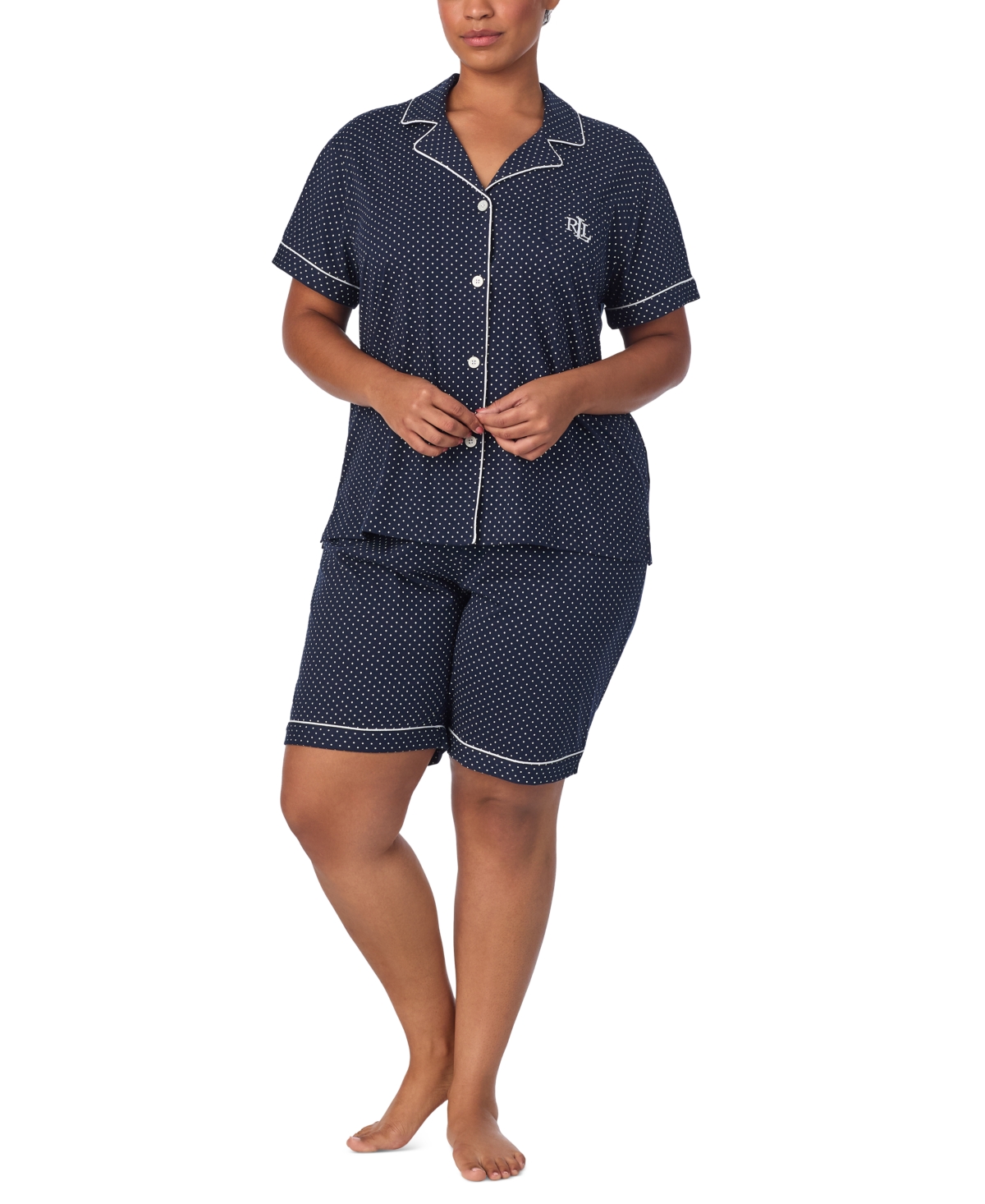 Plus Size Short-Sleeve Notch-Collar Bermuda Pajama Set - Dark Pink