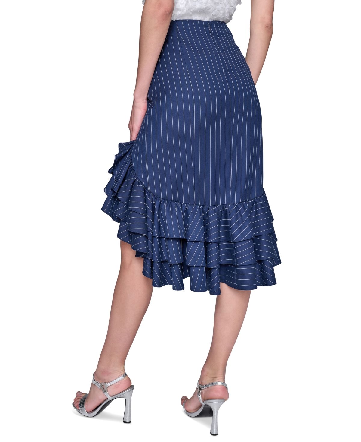 Shop Karl Lagerfeld Women's Pinstriped Asymmetrical Ruffled Skirt In Indigo  Soft White