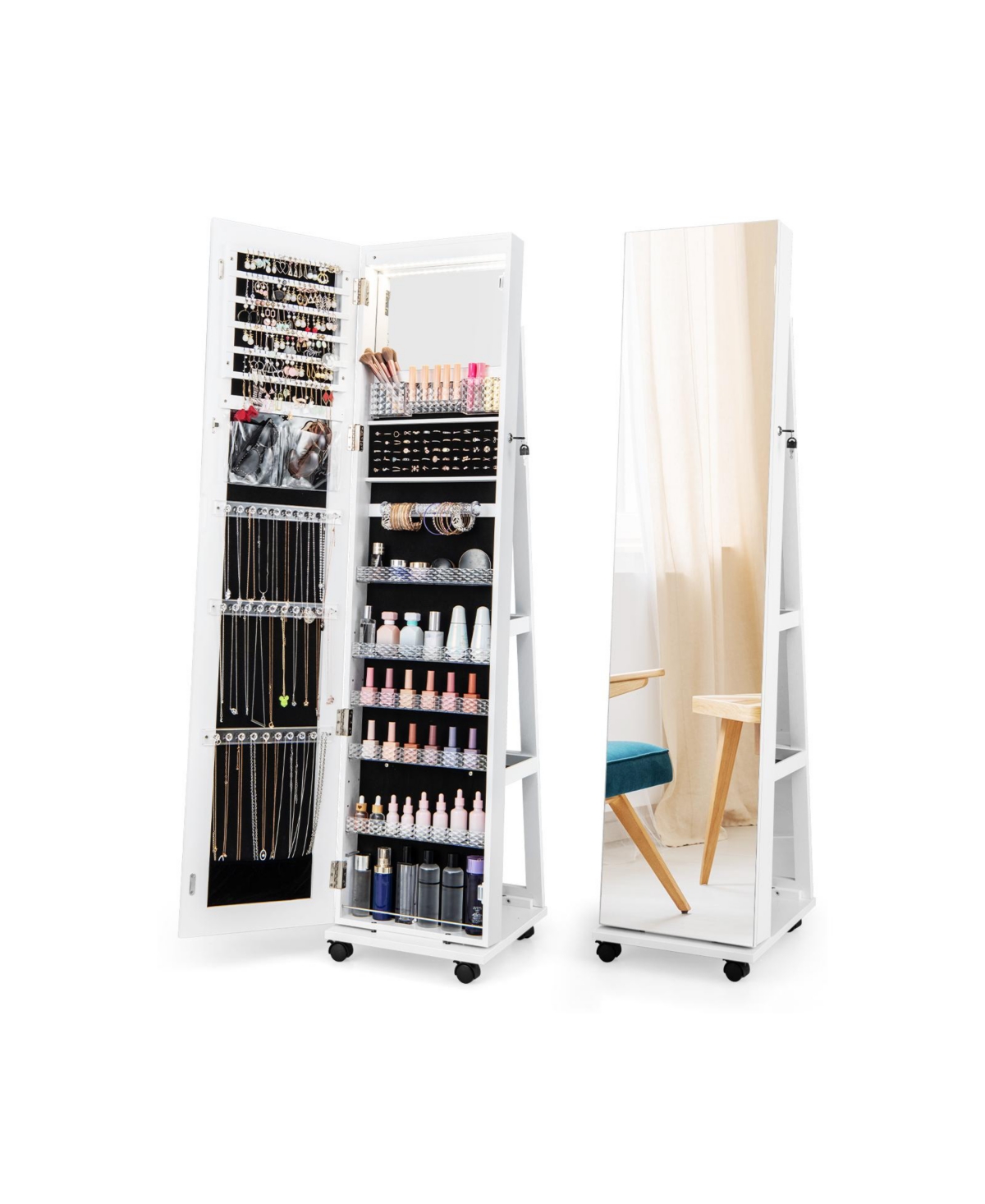 64 Inches Lockable Jewelry Cabinet Armoire with Built-in Makeup Mirror - White