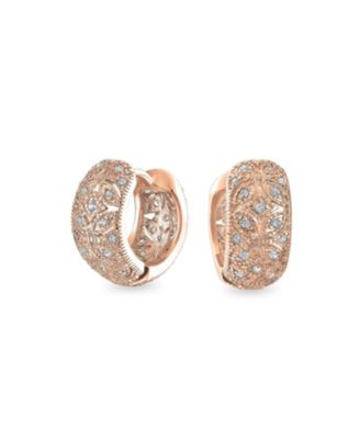 Victorian Style CZ Accent Wide Filigree Flower Huggie Mini Hoop Earrings Rose Gold Plated