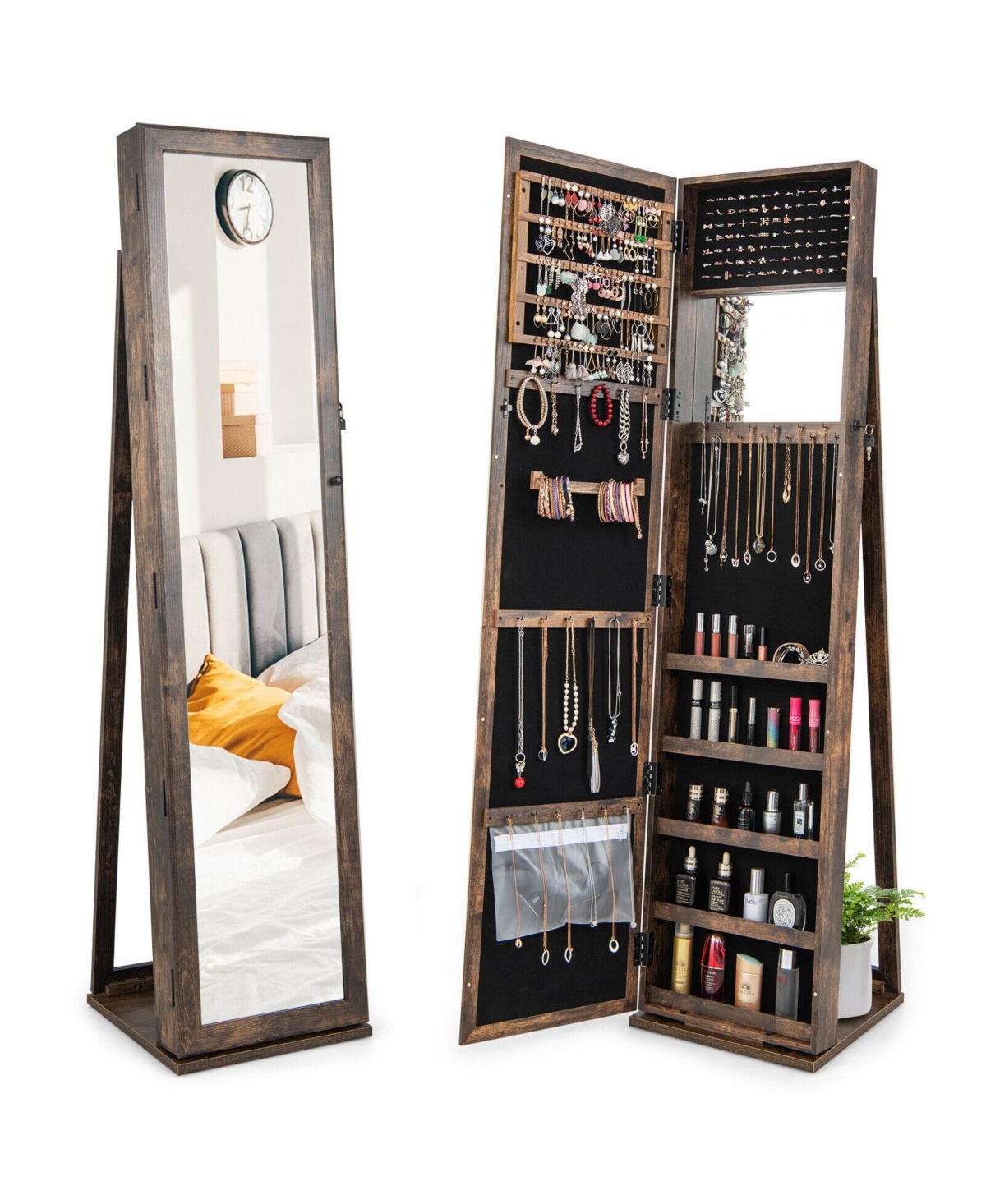 Standing Lockable Jewelry Storage Organizer with Full-Length Mirror - Brown