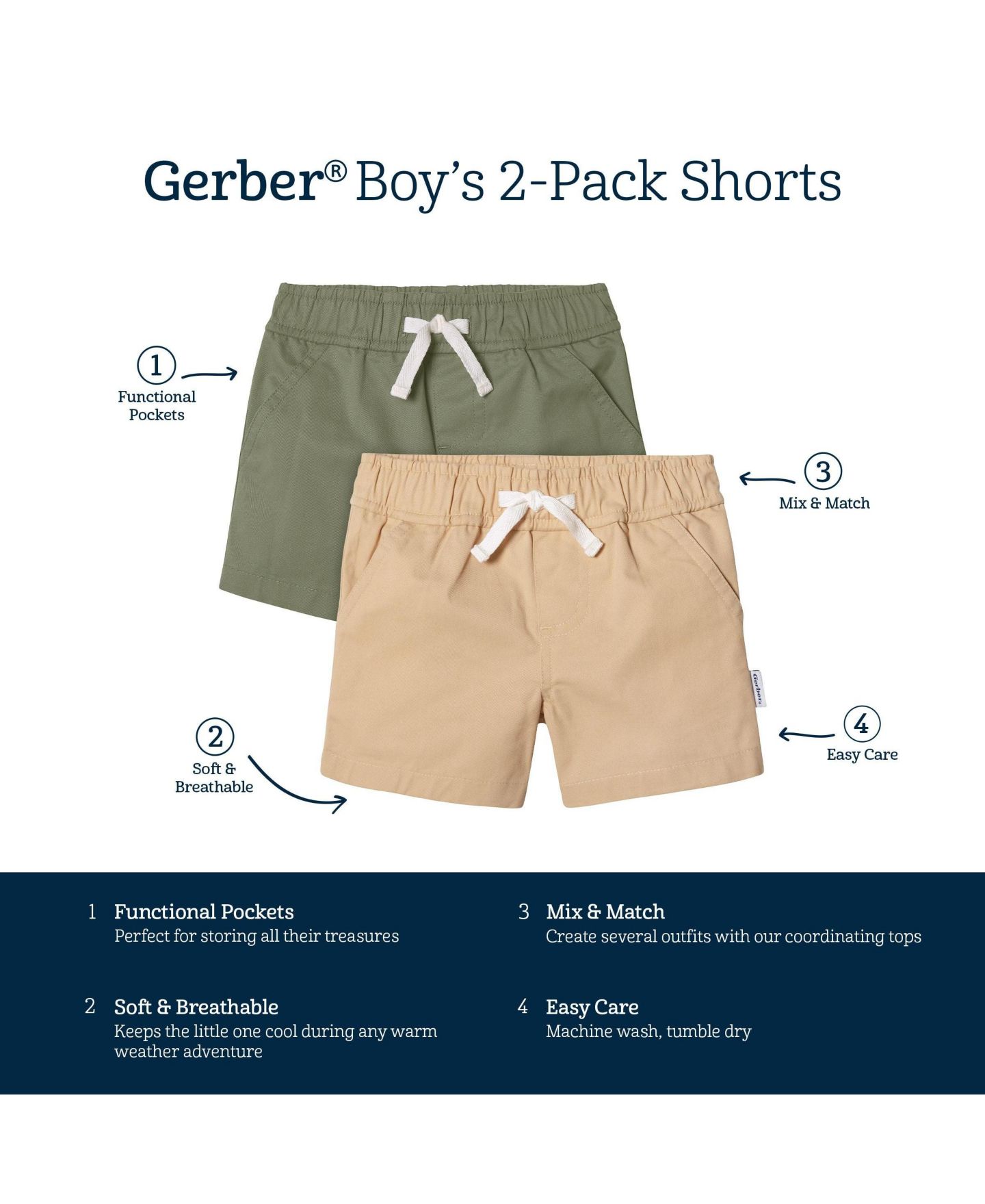 Шорты Gerber 2-Pack Shorts для мальчиков-малышей, цвет: Тёмный хаки — фото 6