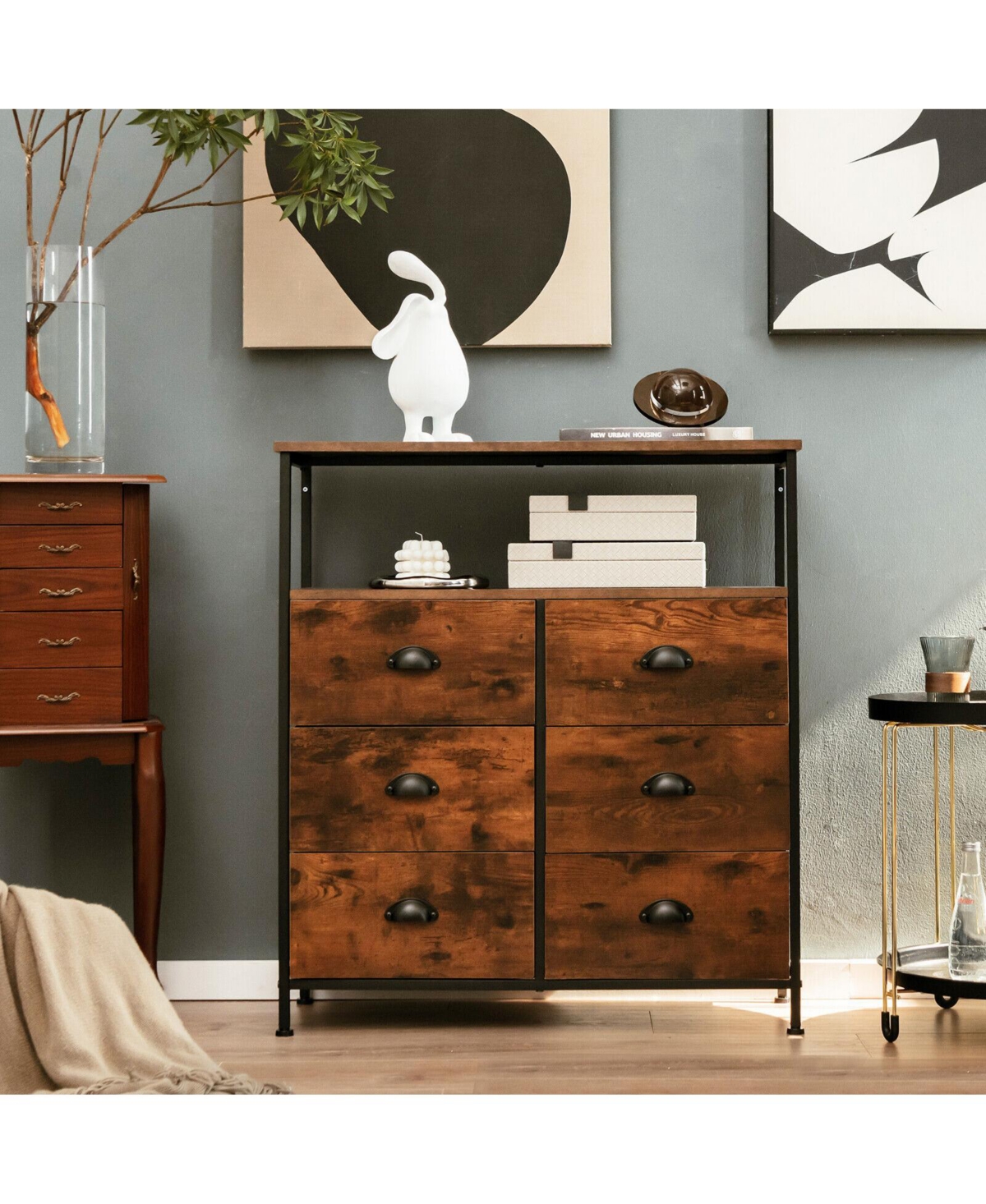 2-Tier Storage Chest with Wooden Top and 6 Fabric Drawers