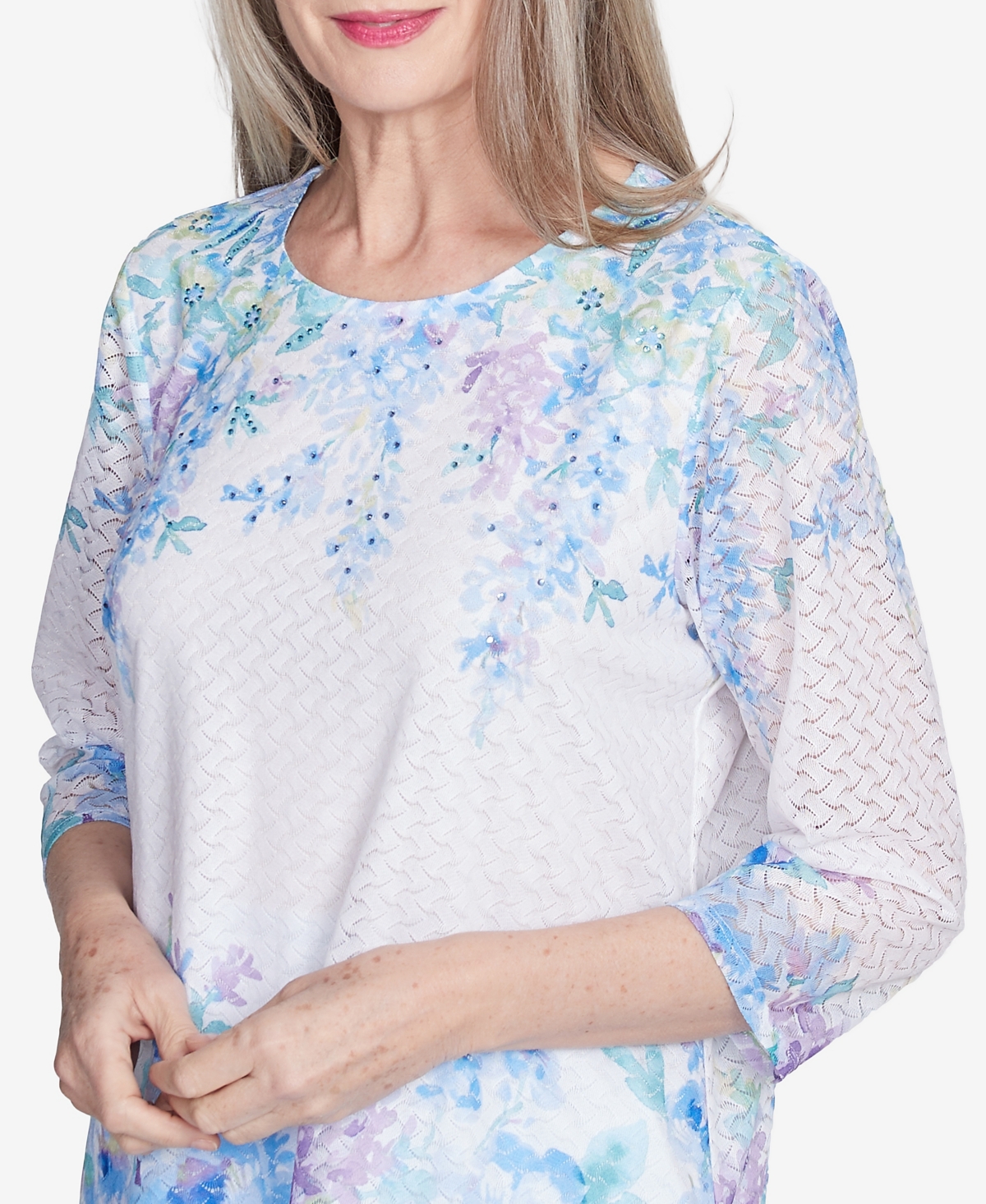 Alfred Dunner Plus Size St. Thomas Textured Sky Blue Floral Border Top In Multi