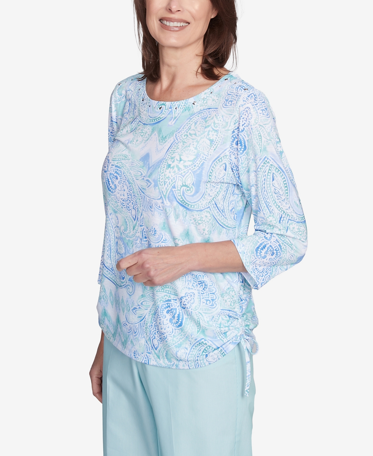Alfred Dunner Plus Size St. Thomas Island Mint Paisley Ruched Side Top In Blue