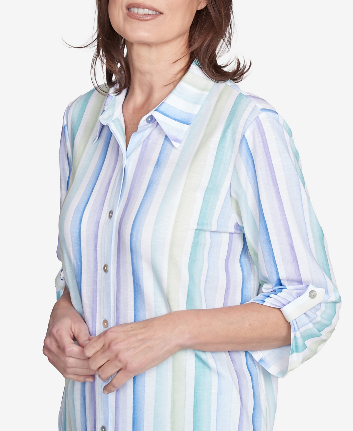 Shop Alfred Dunner Women's St. Thomas Island Mint Stripe Knit Collared Neck Top In Mint Multi