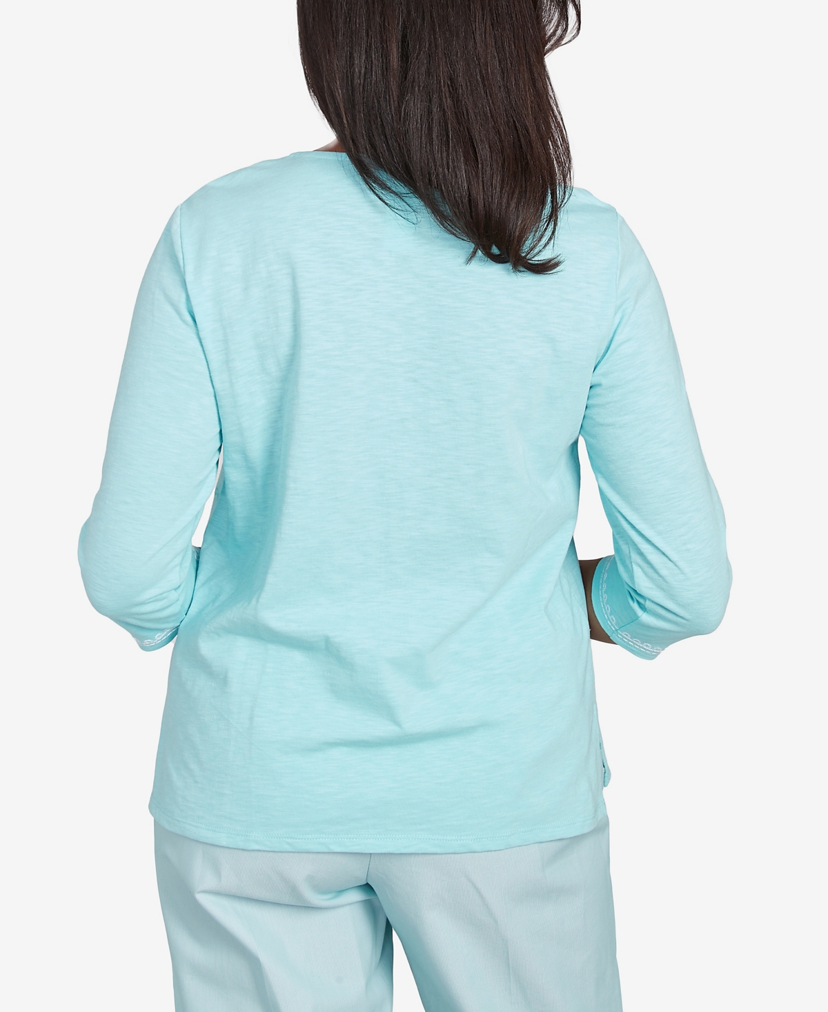 Alfred Dunner Plus Size St. Thomas Asymmetrical Dragonfly Embroidery Top In Blue