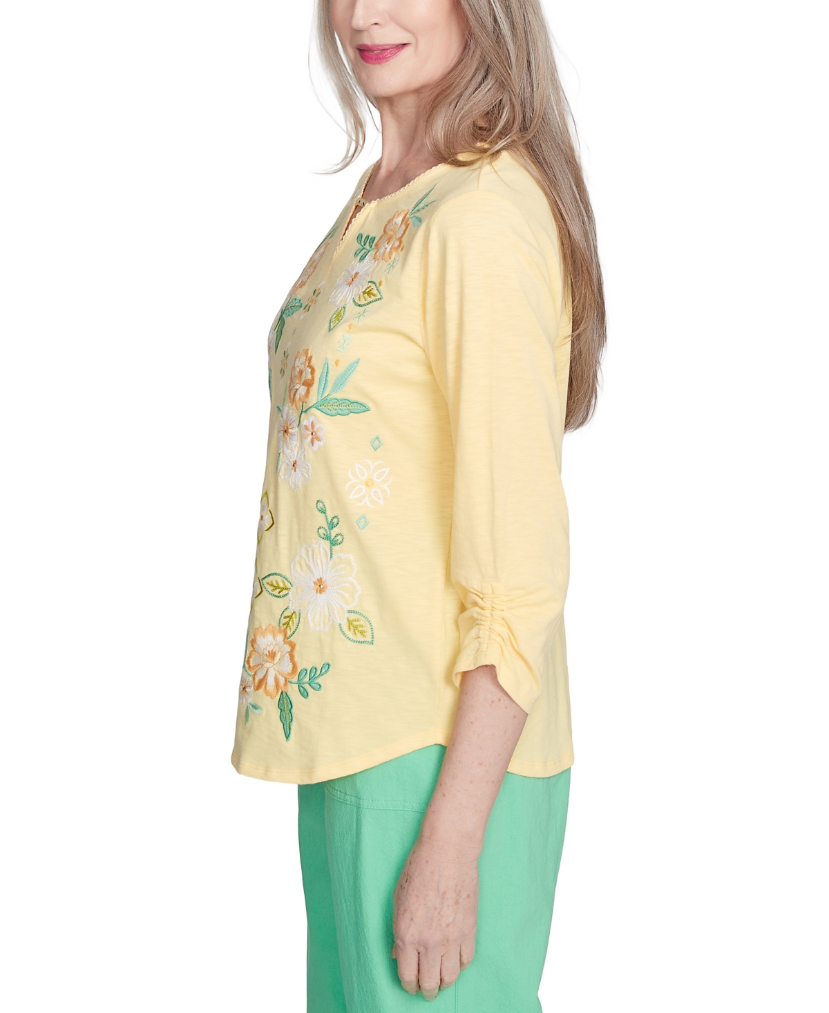Alfred Dunner Petite Rise Shine Sunny Floral Embroidered Split Neck Top In Green