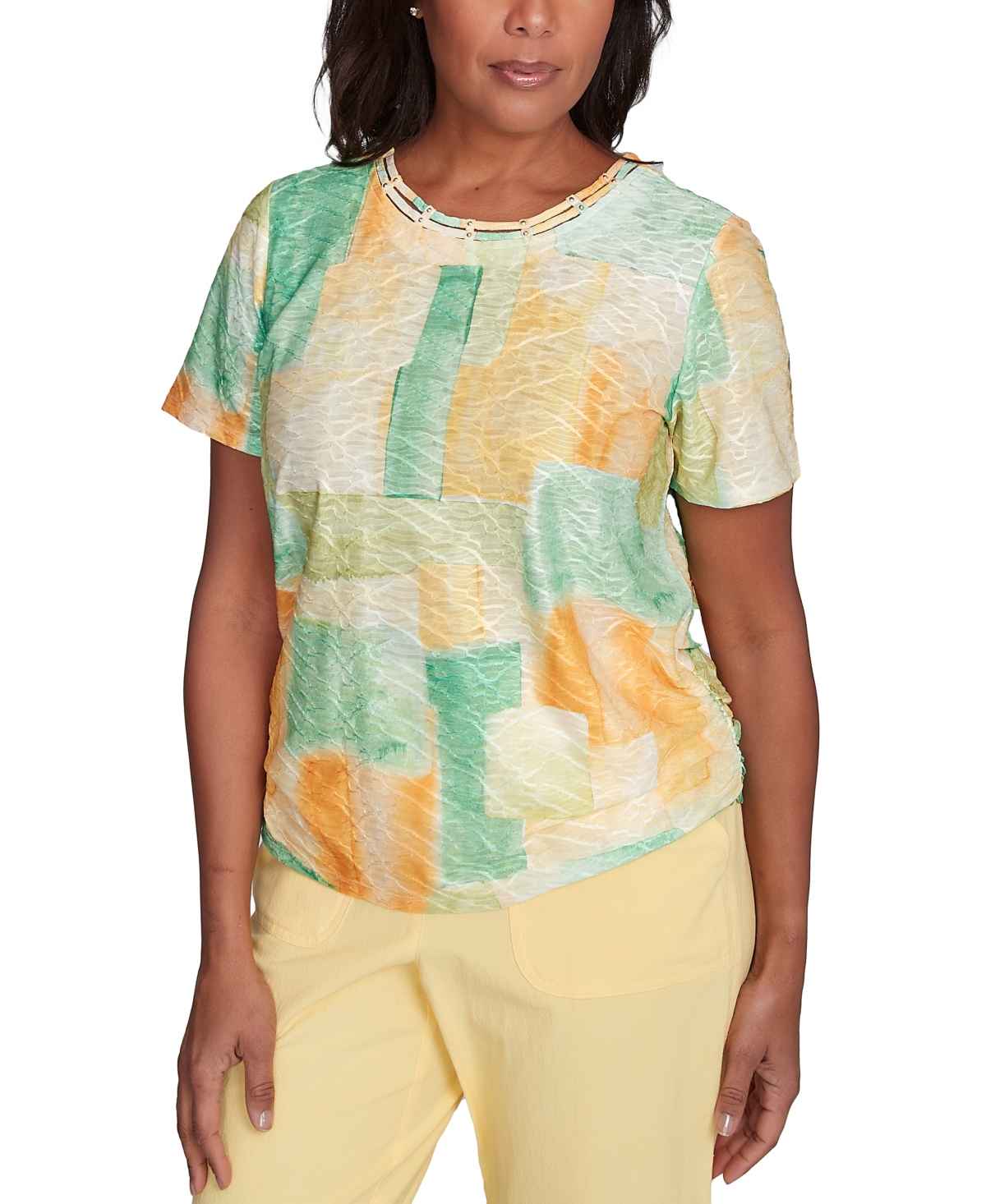 Alfred Dunner Petite Rise Shine Textured Patch Short Sleeve Top In Lemon Multi