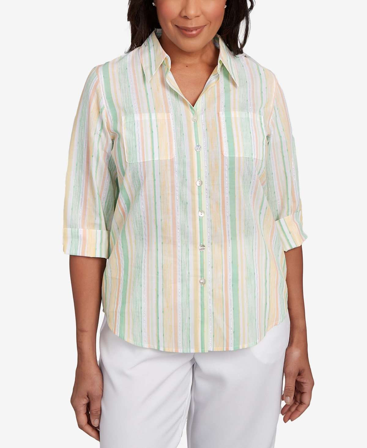 Alfred Dunner Petite Rise Shine Sunny Stripes Button Down Top In Lime Multi