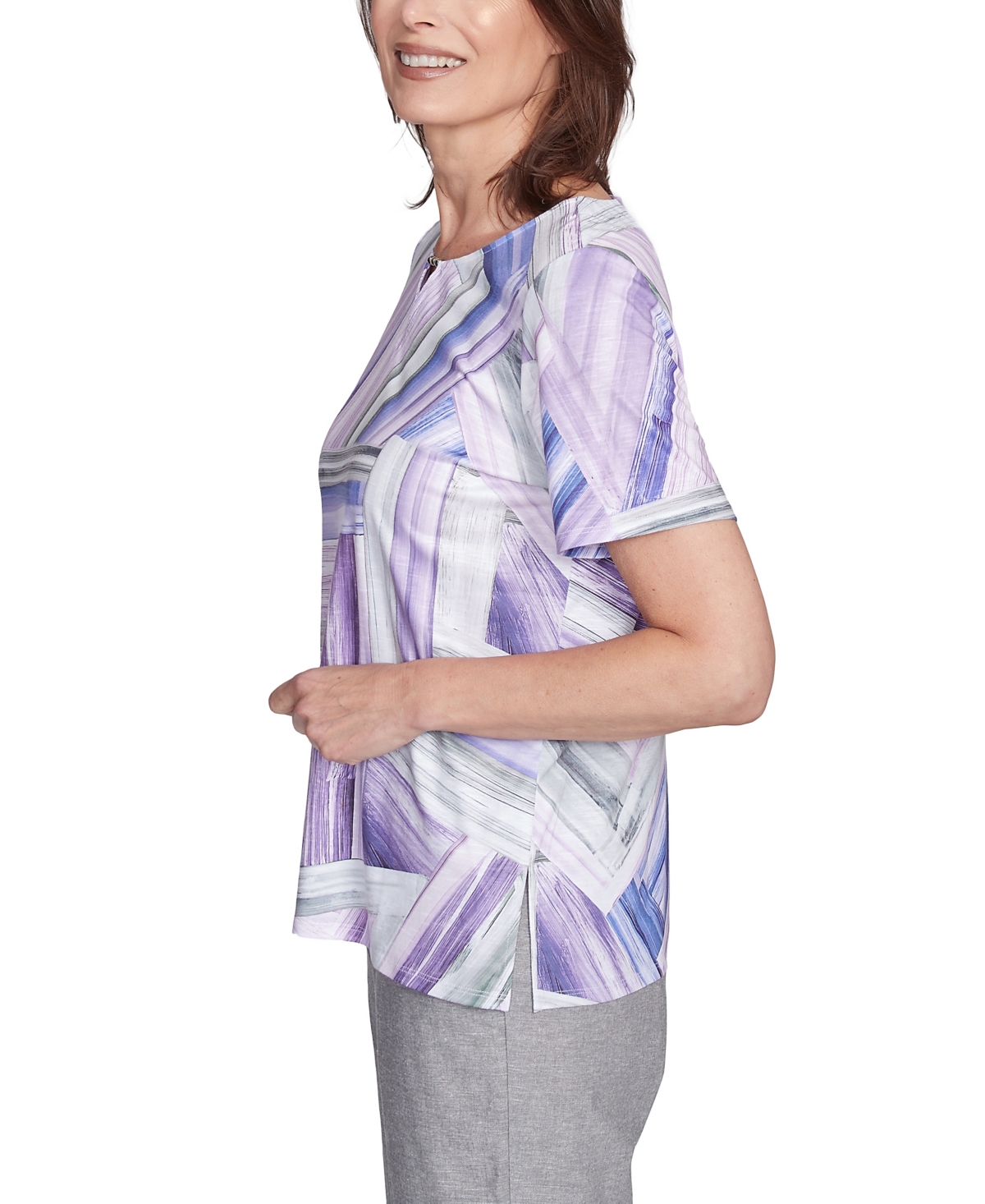 Alfred Dunner Petite Crystal Springs Brushstroke Stained Glass Short Sleeves Top In Lilac Multi