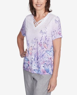 Women's Crystal Springs Crisscross Ombre Butterfly V-Neck T-Shirt