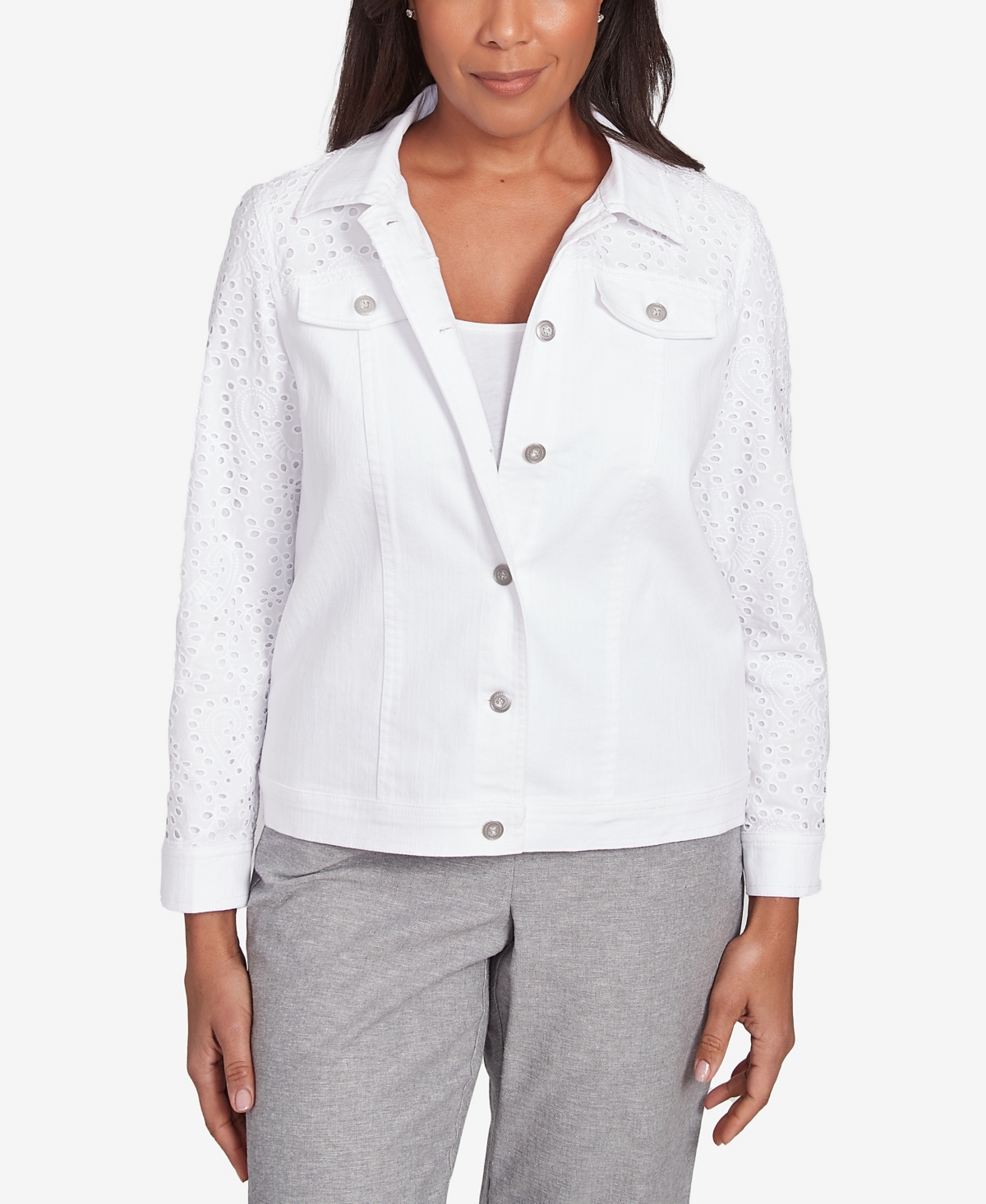 Women's Crystal Springs Eyelet Denim Collared Neck Jacket - White