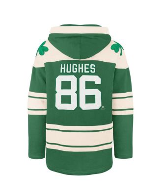 Men's Jack Hughes Kelly Green New Jersey Devils St. Patrick's Day Player Name Number Lacer Pullover Hoodie