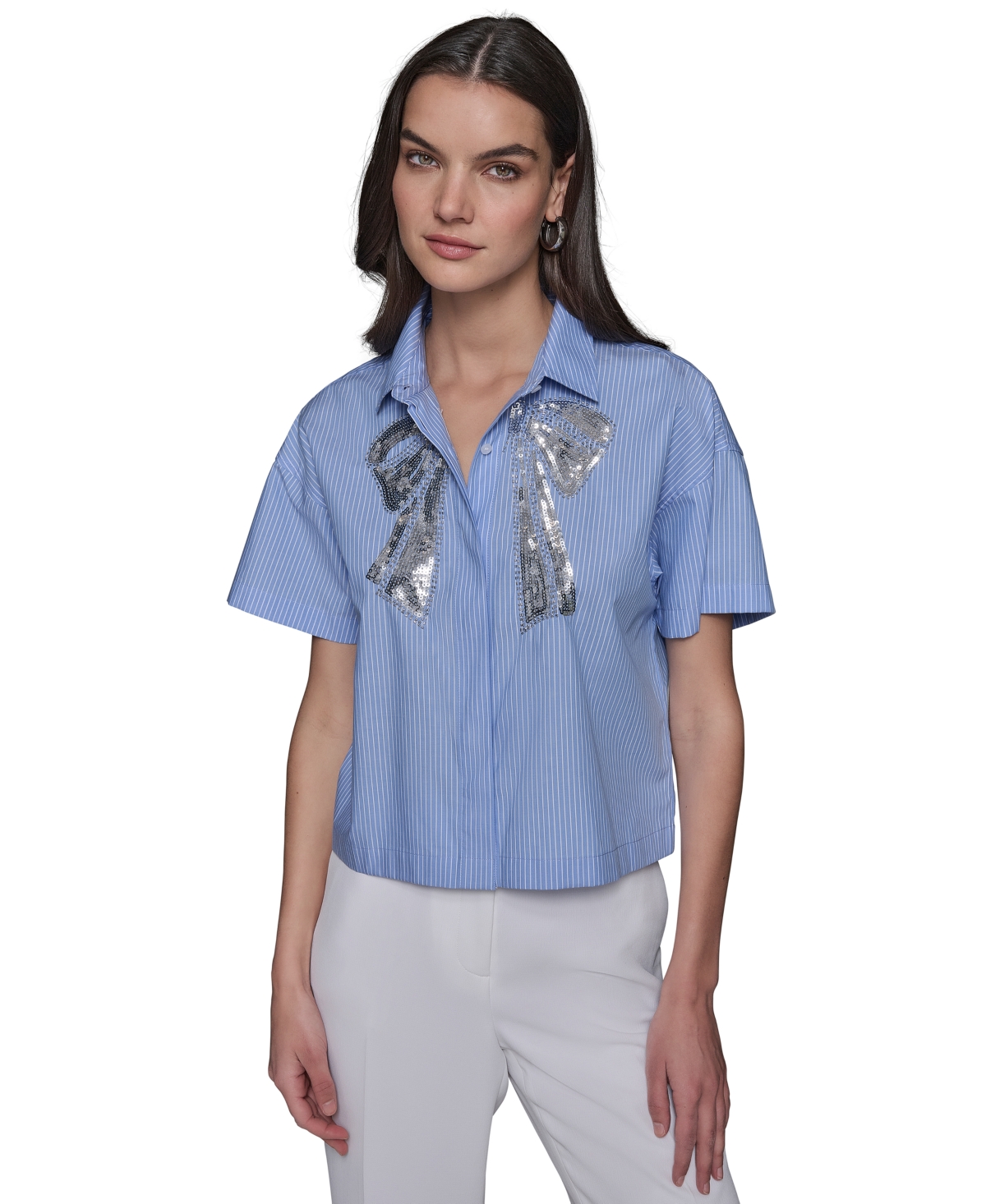 KARL LAGERFELD WOMEN'S SEQUIN-BOW POPLIN BUTTON-FRONT TOP 