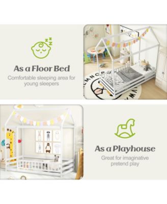 Twin Size Kids House Bed Wooden Floor Bed with Roof and Full-length Safety Guardrail