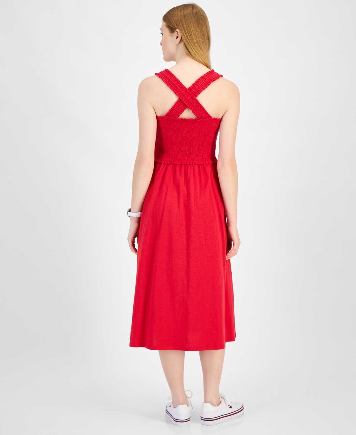 Tommy Hilfiger Women's Cotton Smocked Sleeveless Midi Dress