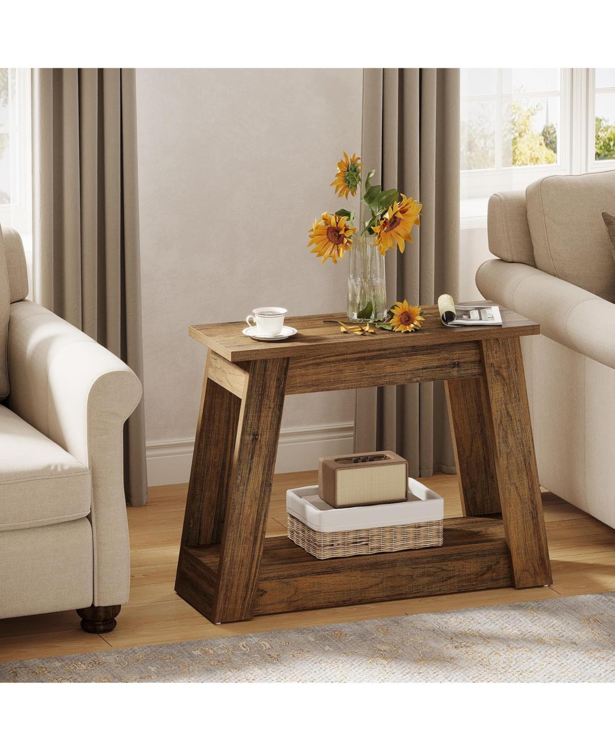 Tribesigns Wood End Table, Small Side Table with 2 Storage Shelves, Rustic Accent Narrow Nightstand for Living Room, Bedroom