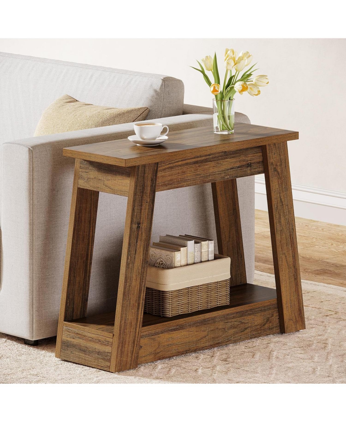Tribesigns Wood End Table, Small Side Table with 2 Storage Shelves, Rustic Accent Narrow Nightstand for Living Room, Bedroom