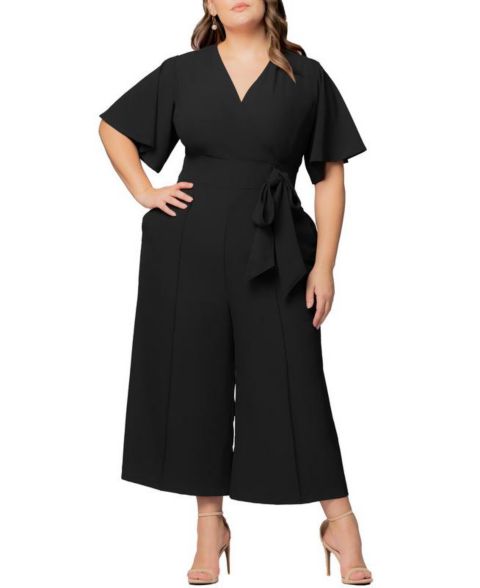 Женский комбинезон Kiyonna Plus Size Evelyn Cropped Wide Leg Jumpsuit, цвет: Чёрный
