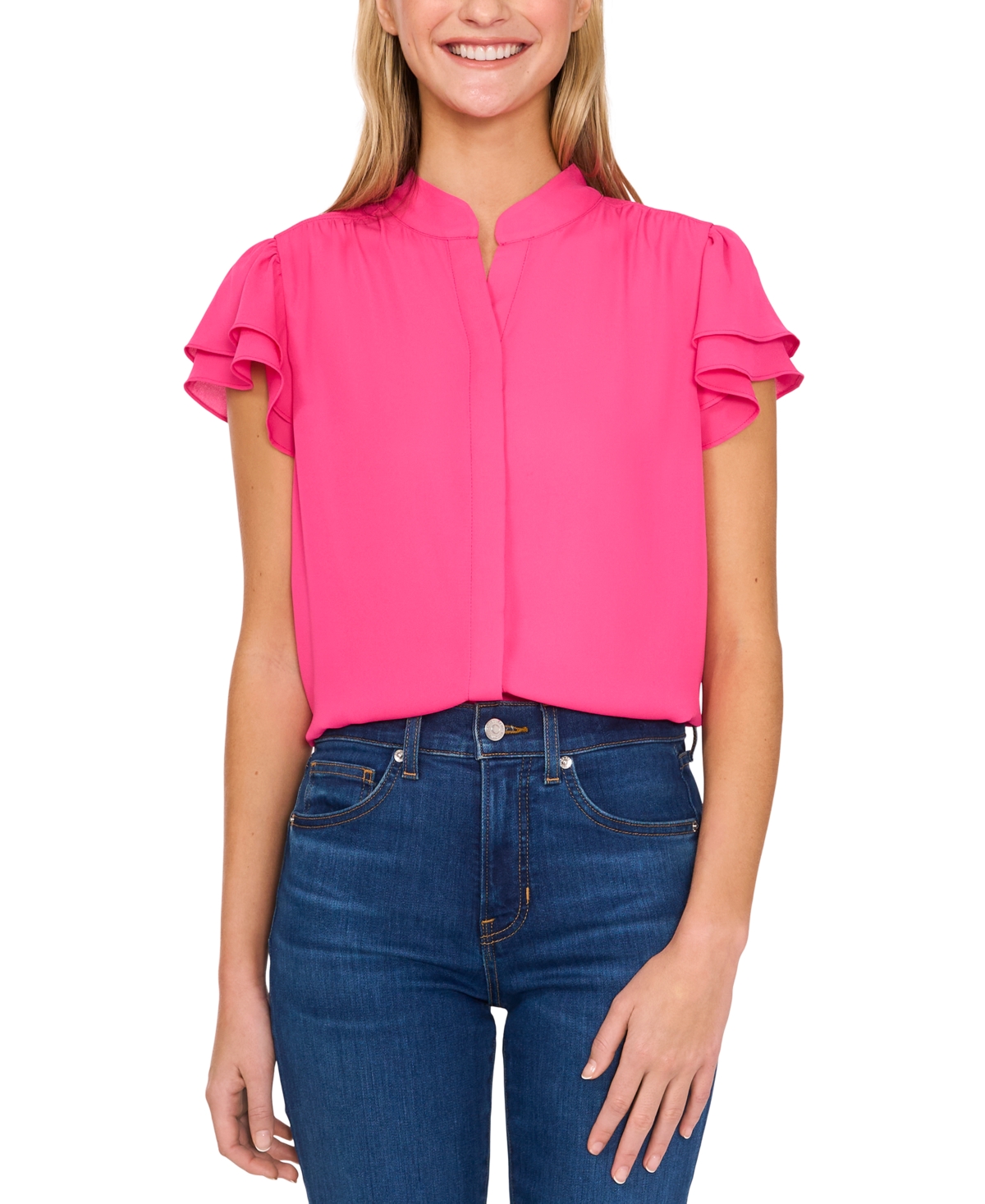 Women's Flutter-Sleeve Button-Front Blouse - Bright Rose