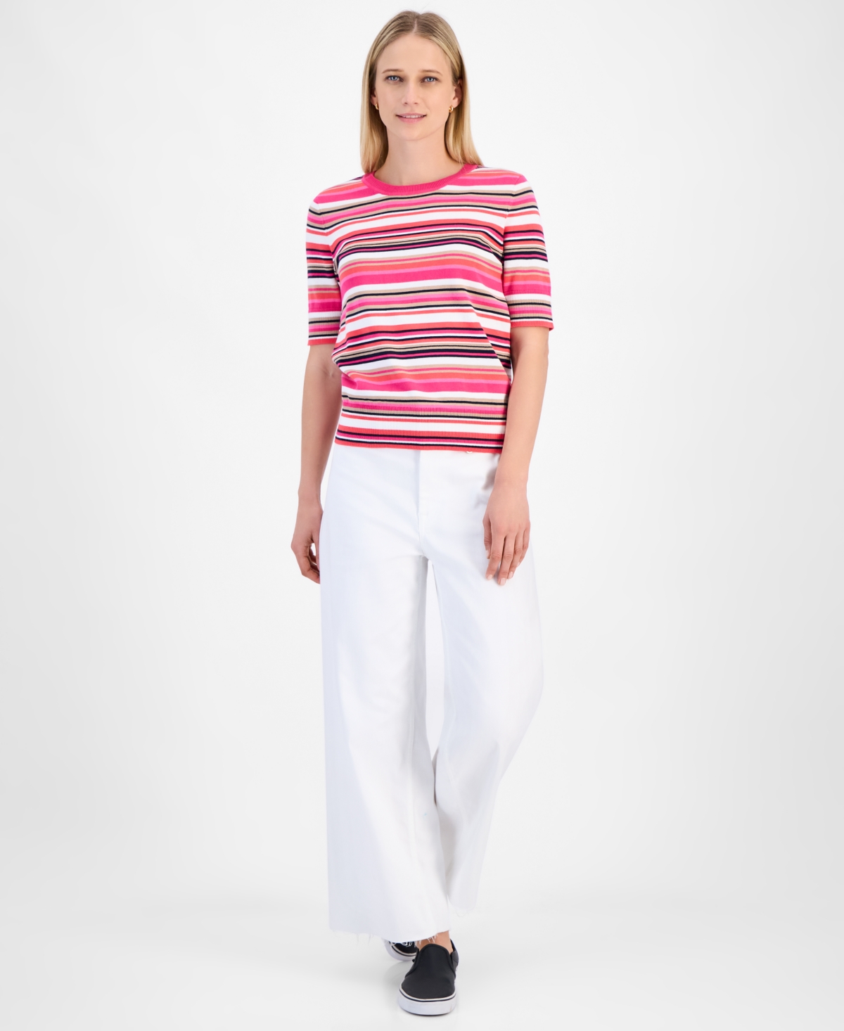 Nautica Jeans Women's Cotton Striped Short-sleeve Sweater In Hot Pink Multi