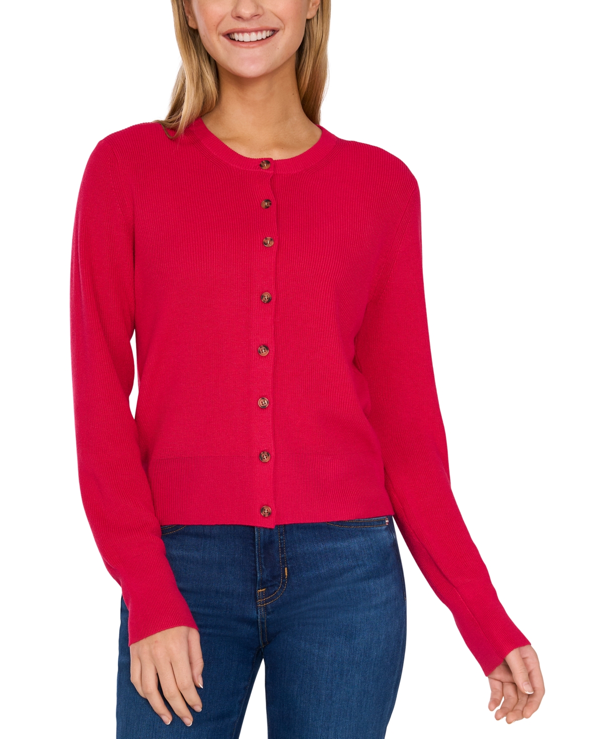 Cece Crewneck Cardigan In Bright Rose