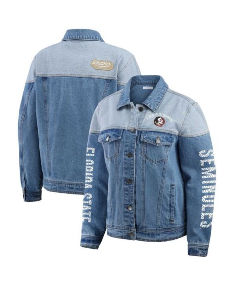 Женские куртки WEAR by Erin Andrews Women's Denim Florida State Seminoles Sleeve Hit Color Block Button-Down Denim Jacket