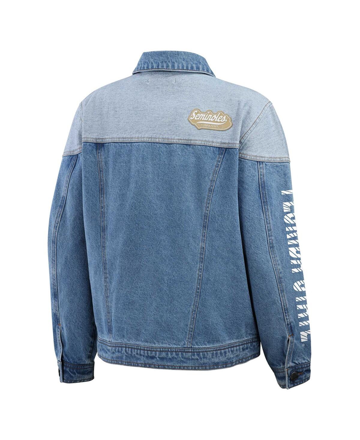 Wear By Erin Andrews Women's Denim Florida State Seminoles Sleeve Hit Color Block Button-down Denim Jacket In Denim