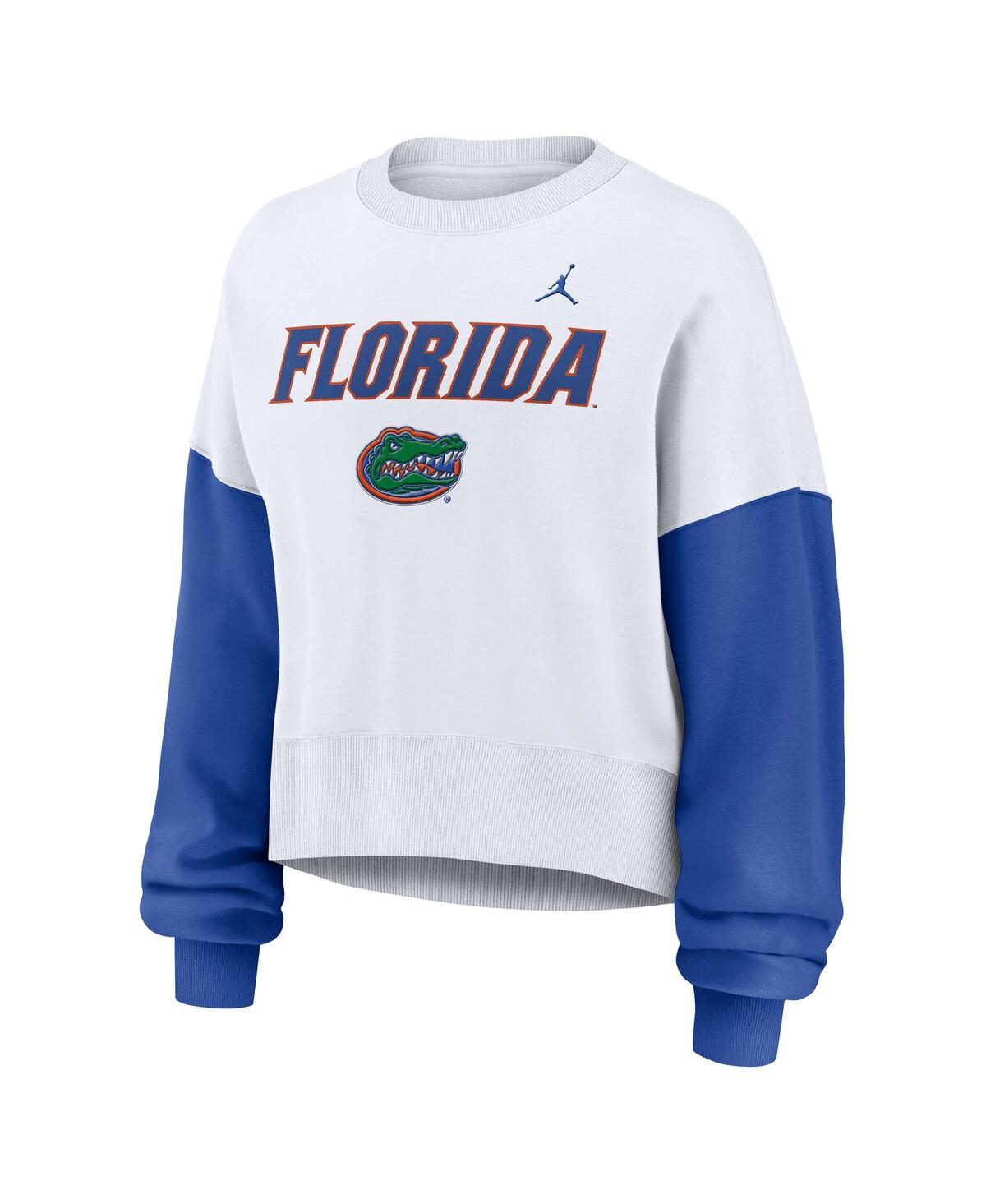 JORDAN WOMEN'S WHITE FLORIDA GATORS COLOR-BLOCK OVERSIZED CROPPED PULLOVER SWEATSHIRT 