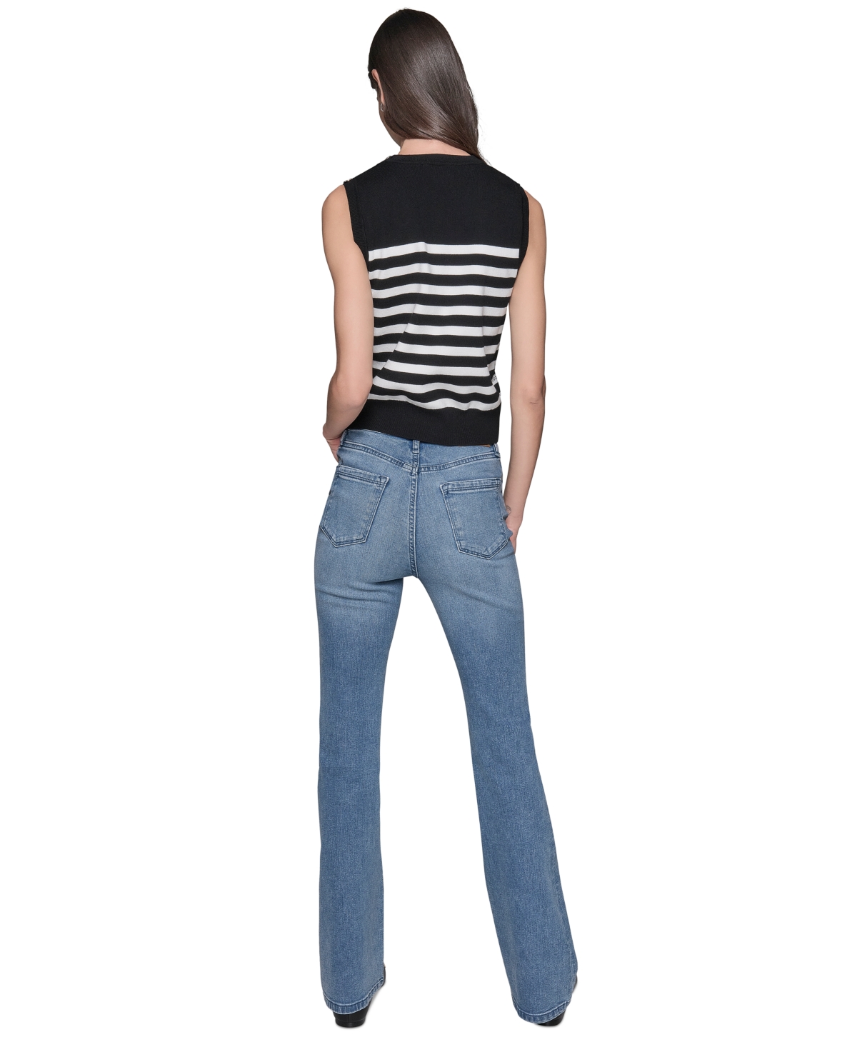 Karl Lagerfeld Women's Striped Crystal-button Sleeveless Sweater In Black  Soft White