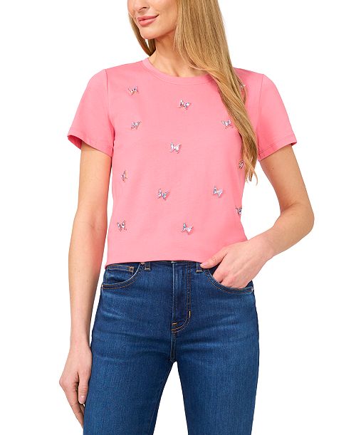 alfani CeCe Women's Cotton Butterfly-Gem Short-Sleeve Tee Women's Fashion Shoes & Accessories