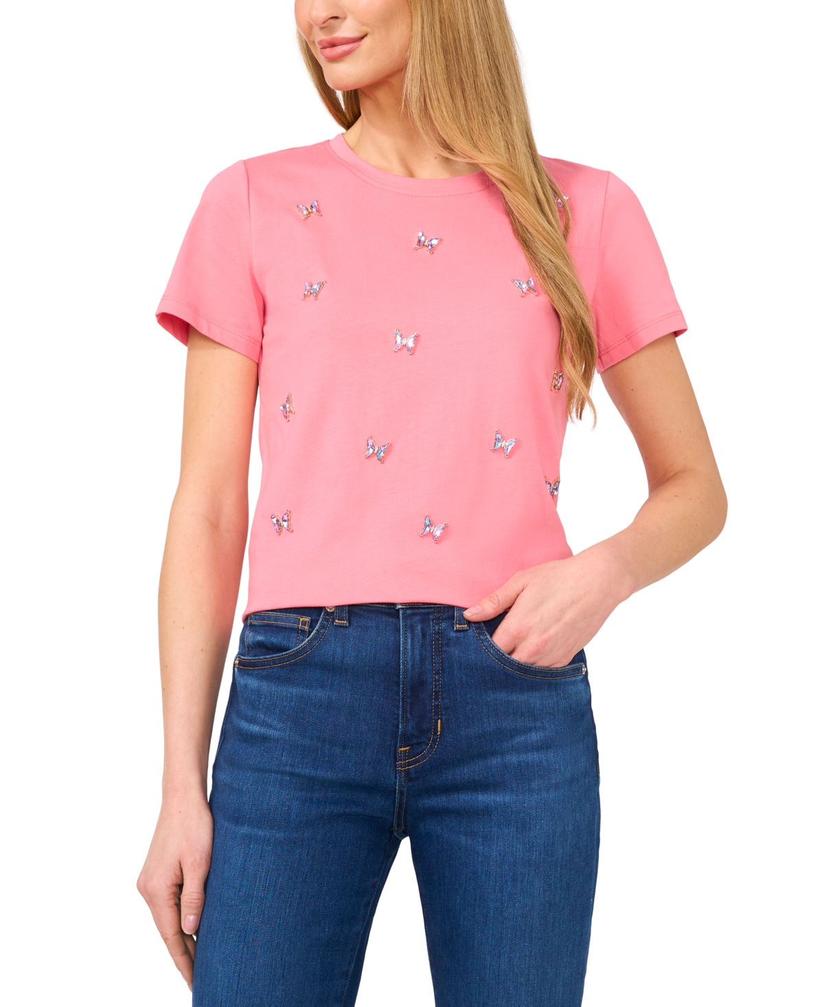 Shop Cece Women's Cotton Butterfly-gem Short-sleeve Tee In Confetti Pink