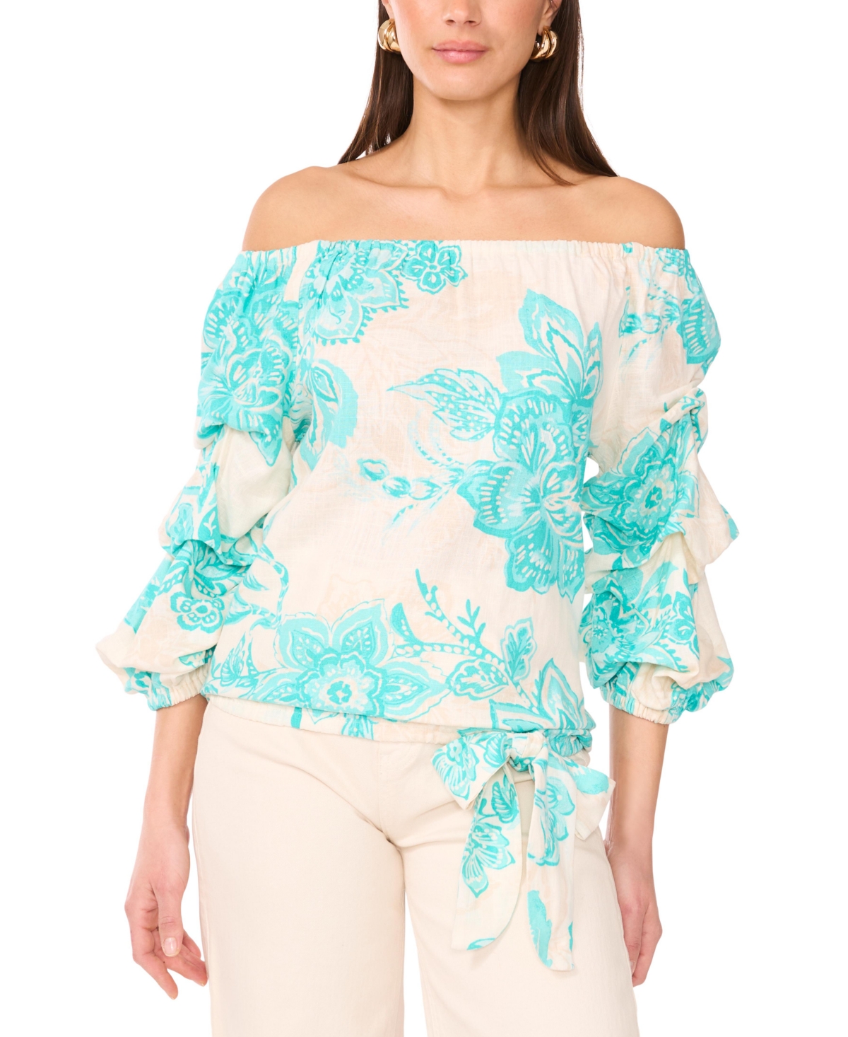 VINCE CAMUTO WOMEN'S FLORAL LINEN-BLEND OFF-THE-SHOULDER BUBBLE 3/4-SLEEVE TIE-FRONT BLOUSE 