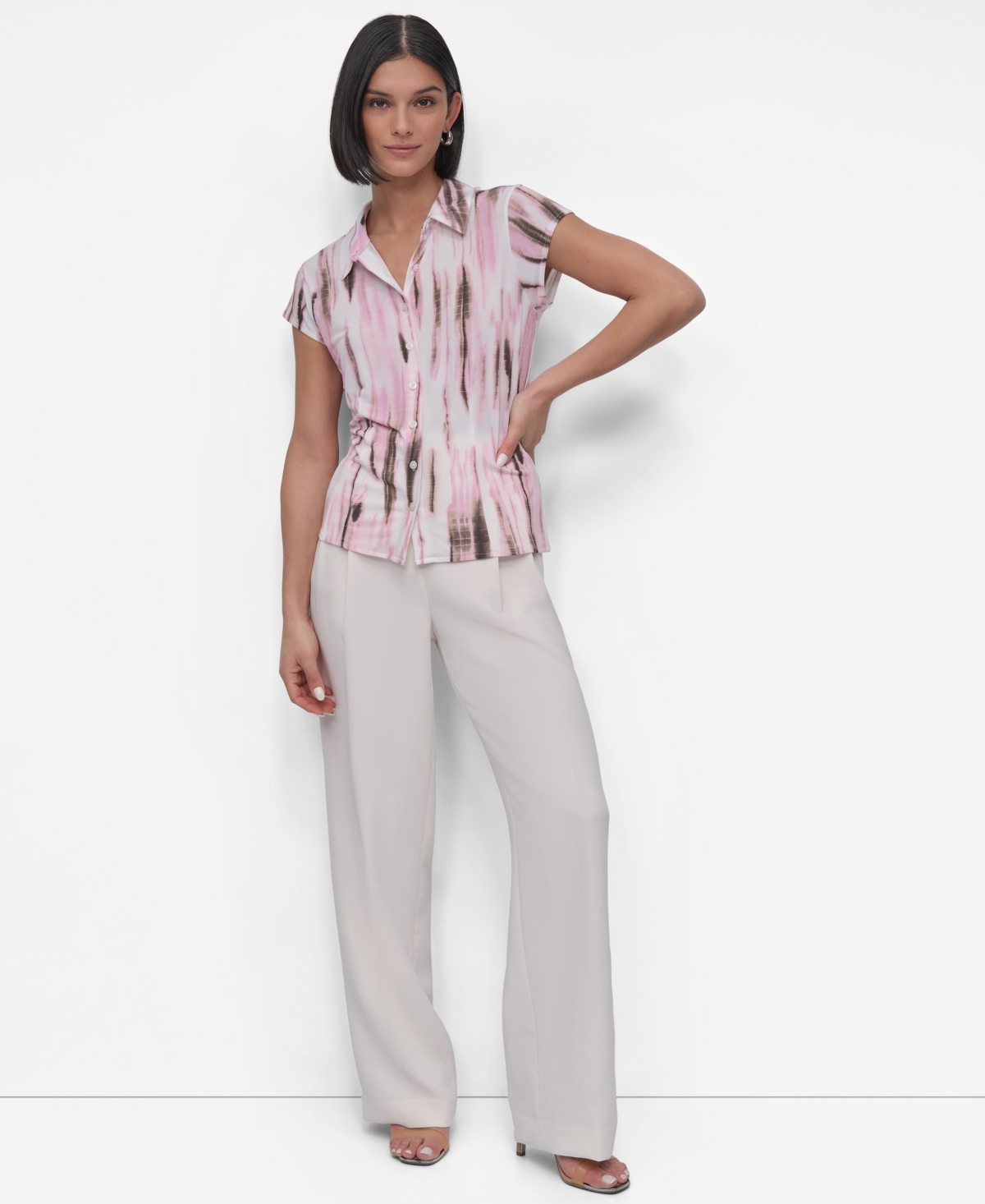 Dkny Petite Printed Knit Cap-sleeve Shirt In Pink