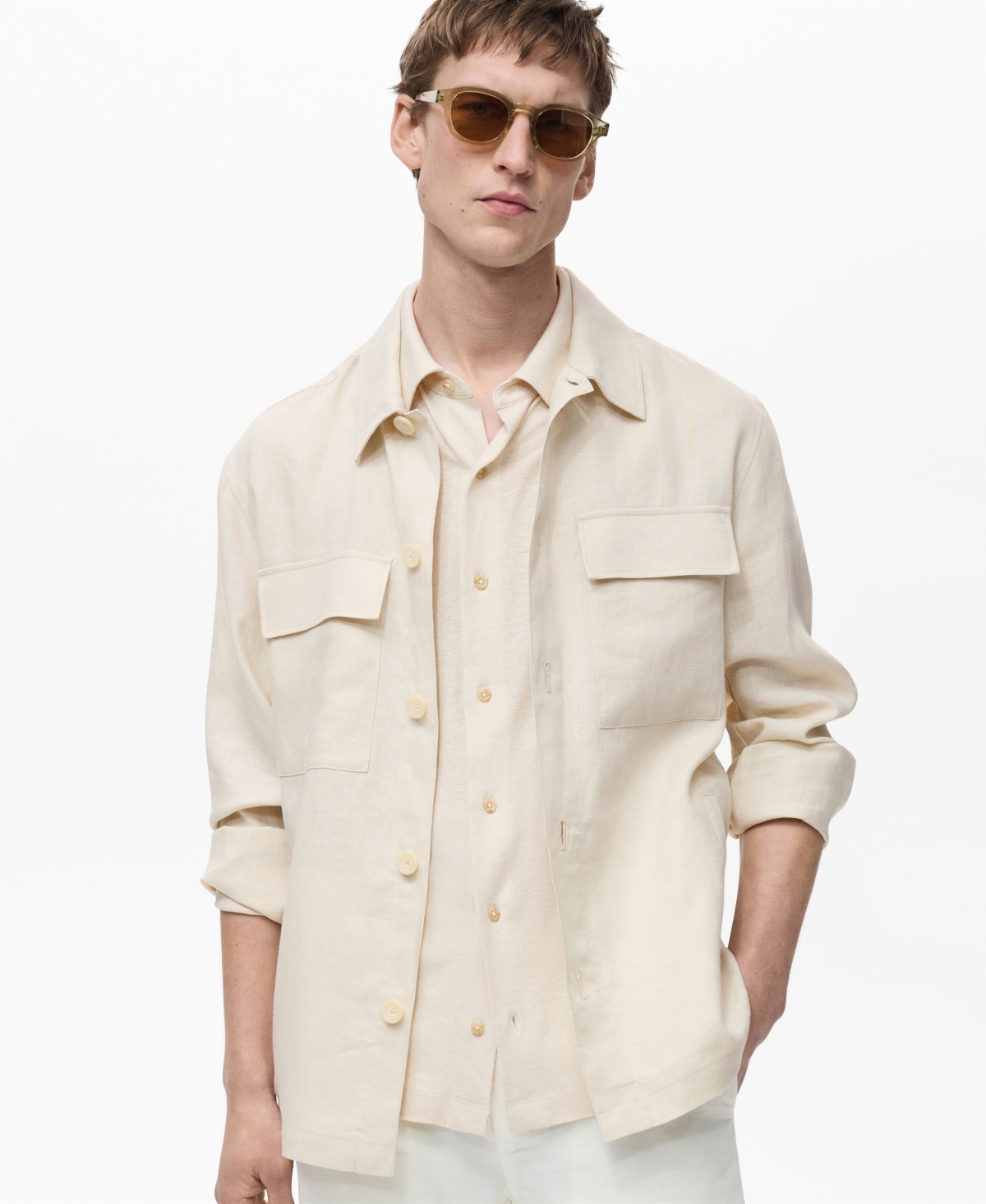 Mango Linen Overshirt With Pockets In Neutral