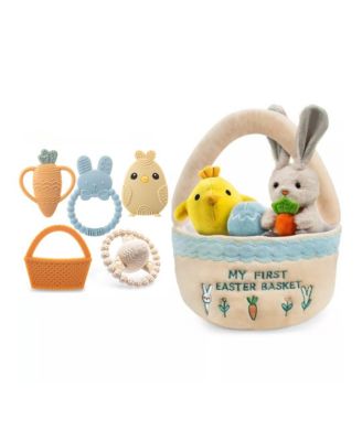 Toddler Easter Plush and Teether Playset, Includes Bunny, Carrot, Chicken, Rattle Egg & Basket, Perfect Sensory and Decorative Gift Newborns