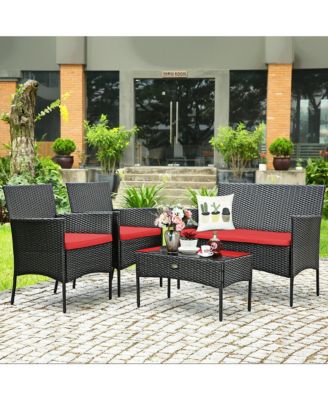 4PCS Patio Rattan Furniture Set Cushioned Sofa Coffee Table Backyard