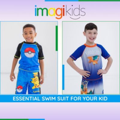 Boys Pikachu UPF 50+ Rash Guard Swim Trunks Outfit Set to