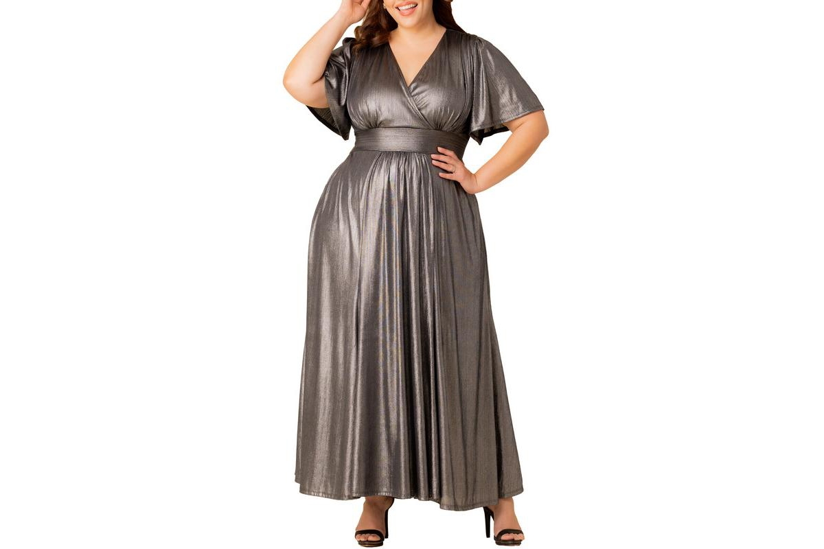 Plus Size Evania Metallic Evening Gown - Pewter