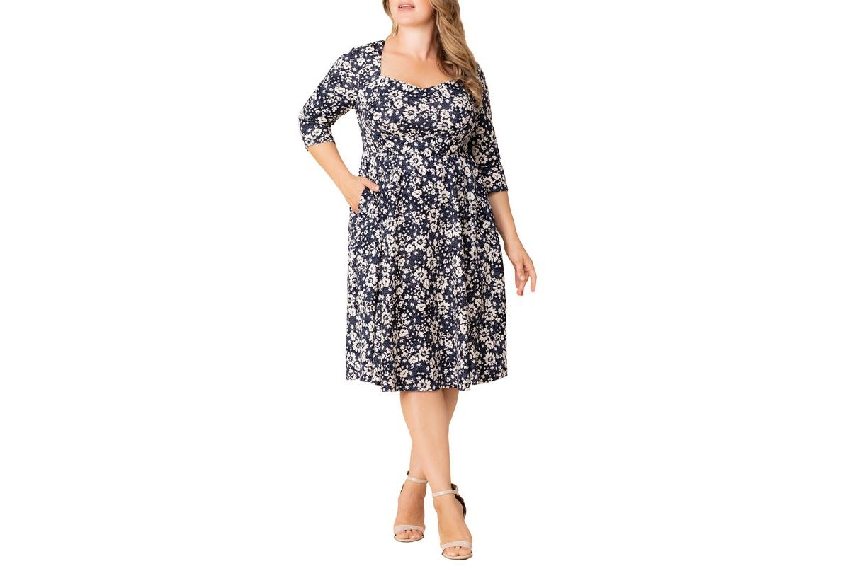 Kiyonna Plus Size Royal Sweetheart Cocktail Dress - Aegean blue florals