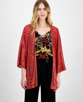 Anne Klein - Women's Sequined Open-Front Mesh Kimono Cardigan
