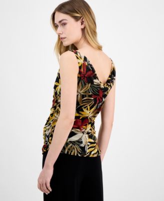 売れ筋商品|||アンクライン カットソー トップス レディース Women's Printed Ruched Draped-Neck Mesh Top Anne Black Multi Anne Klein Women's Printed Ruched Draped-Neck Mesh Top - Macy's